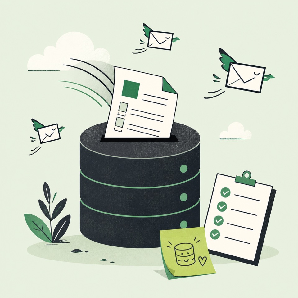 Illustration of a form flying into a database mailbox