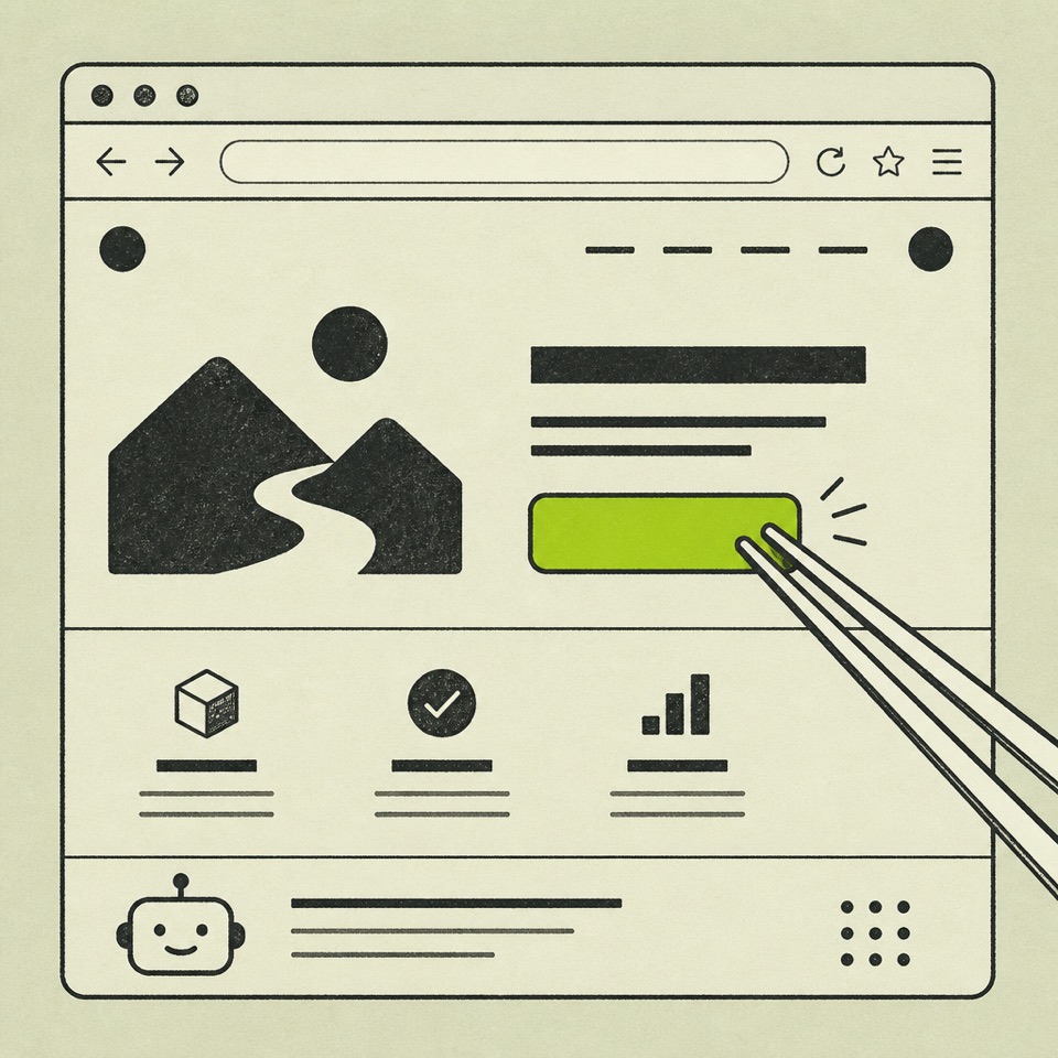Illustration of a browser window with a chopstick cursor clicking a button