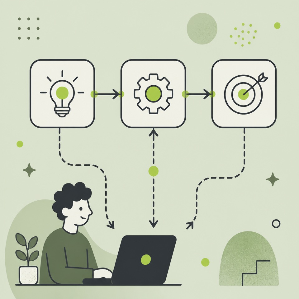 Illustration of a workflow looping back to a person at a laptop